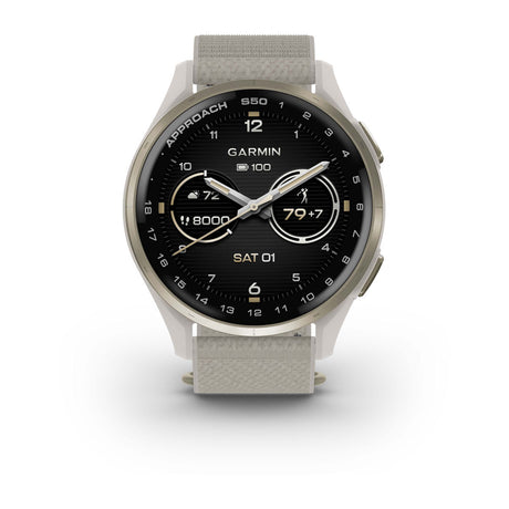 Garmin Approach S44 and S50 GPS Golf Smartwatch – S50: Golf & Fitness Features / Cream Gold Aluminum Bezel with Ivory Nylon Band