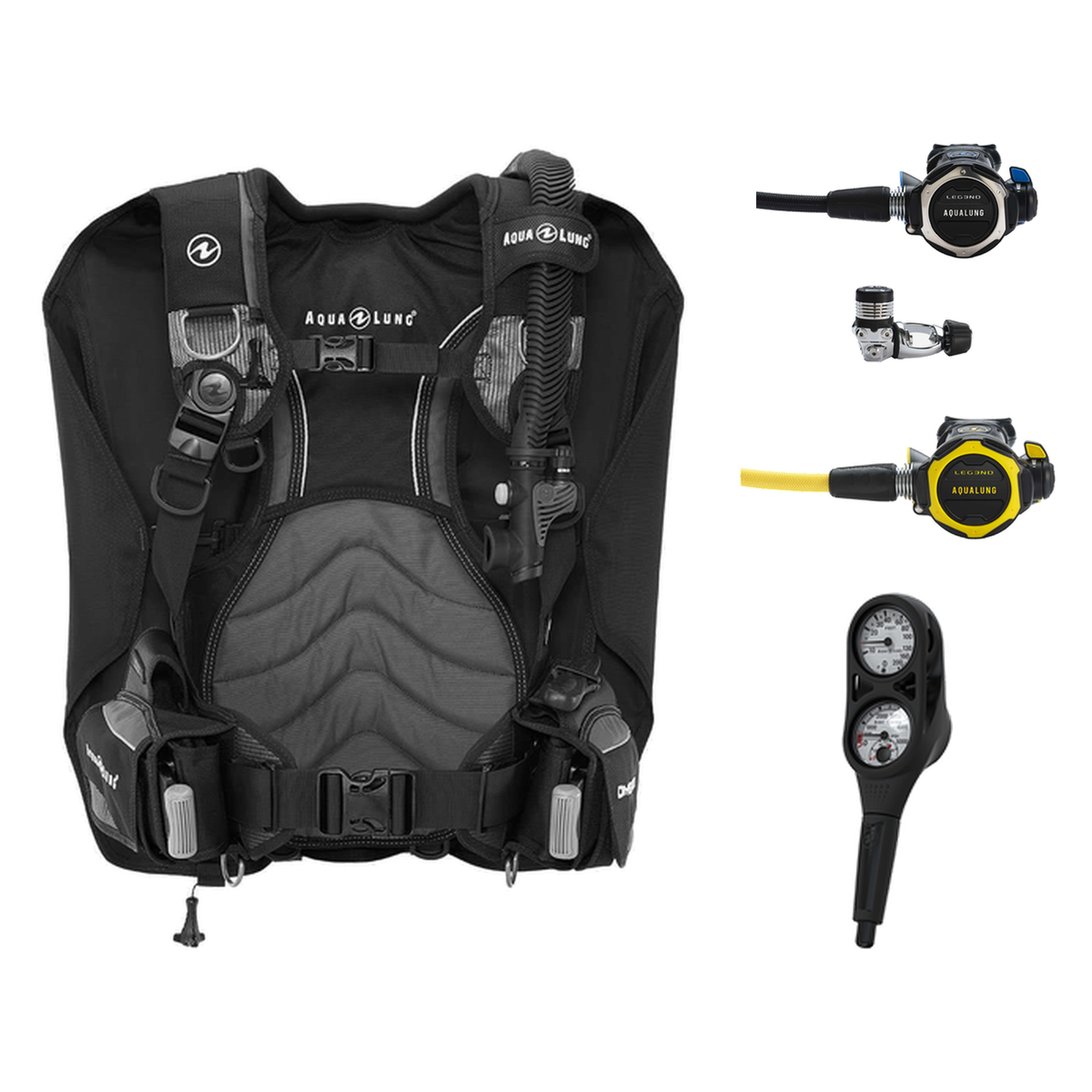 Aqualung Regulator + BCD Scuba Package – Dimension BCD Black/Charcoal + Leg3nd Regulator + Leg3nd Octopus + 2-Gauge Console…
