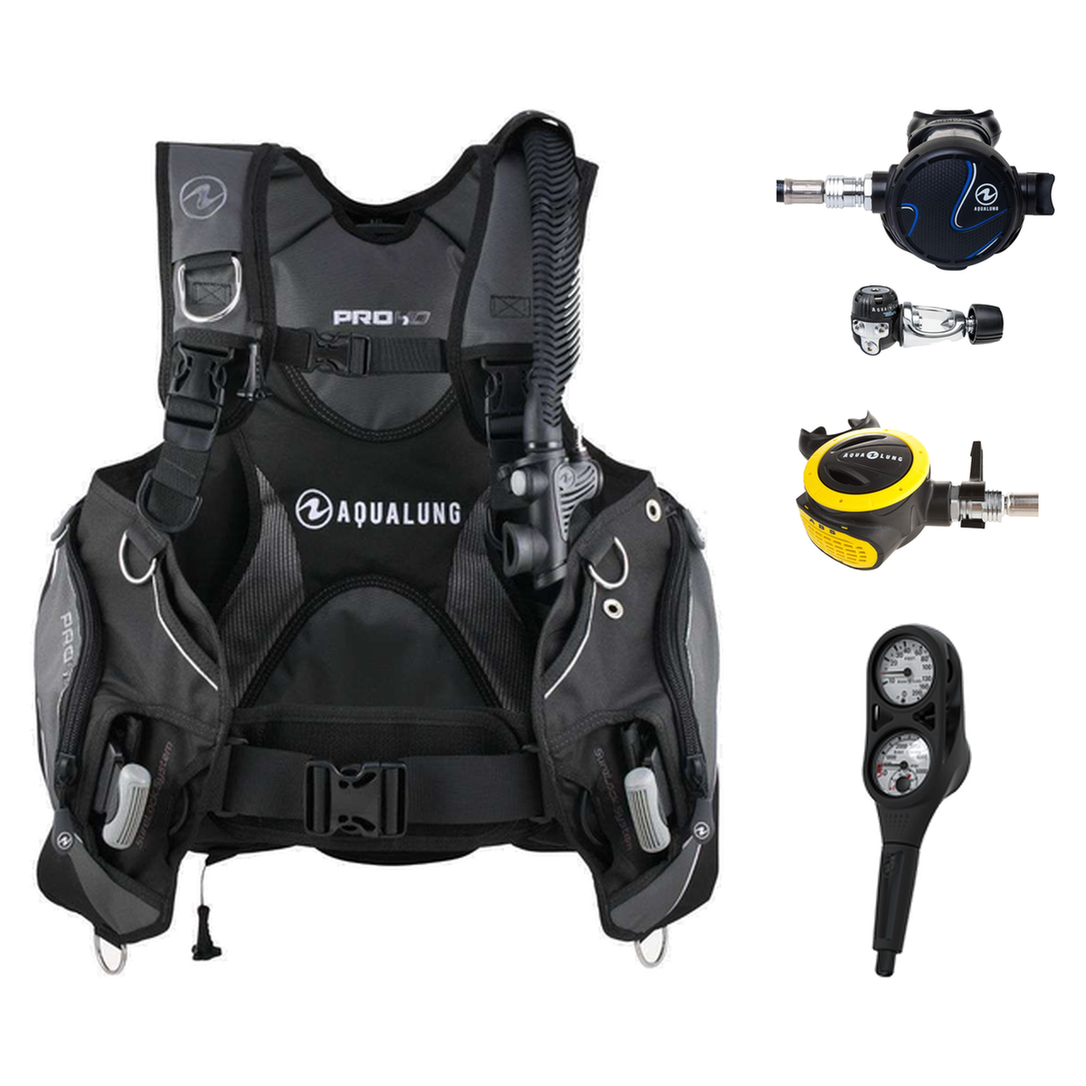 Aqualung Regulator + BCD Scuba Package – Pro HD Mens BCD + LEG3ND Regulator + Octopus + Console — Black/Grey, Aqualung Titan