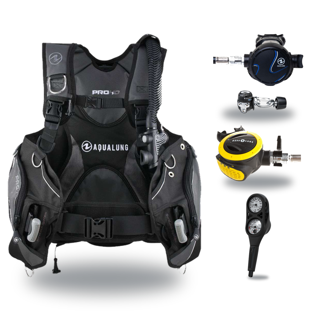 Aqualung Regulator + BCD Scuba Package – Pro HD Mens BCD + LEG3ND Regulator + Octopus + Console — Black/Grey, Aqualung Titan