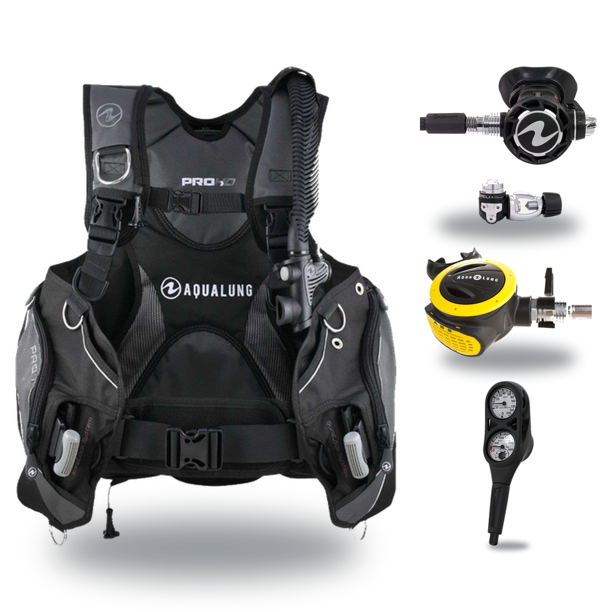 Aqualung Regulator + BCD Scuba Package – Pro HD Mens BCD + LEG3ND Regulator + Octopus + Console — Black/Grey, Aqualung Helix…