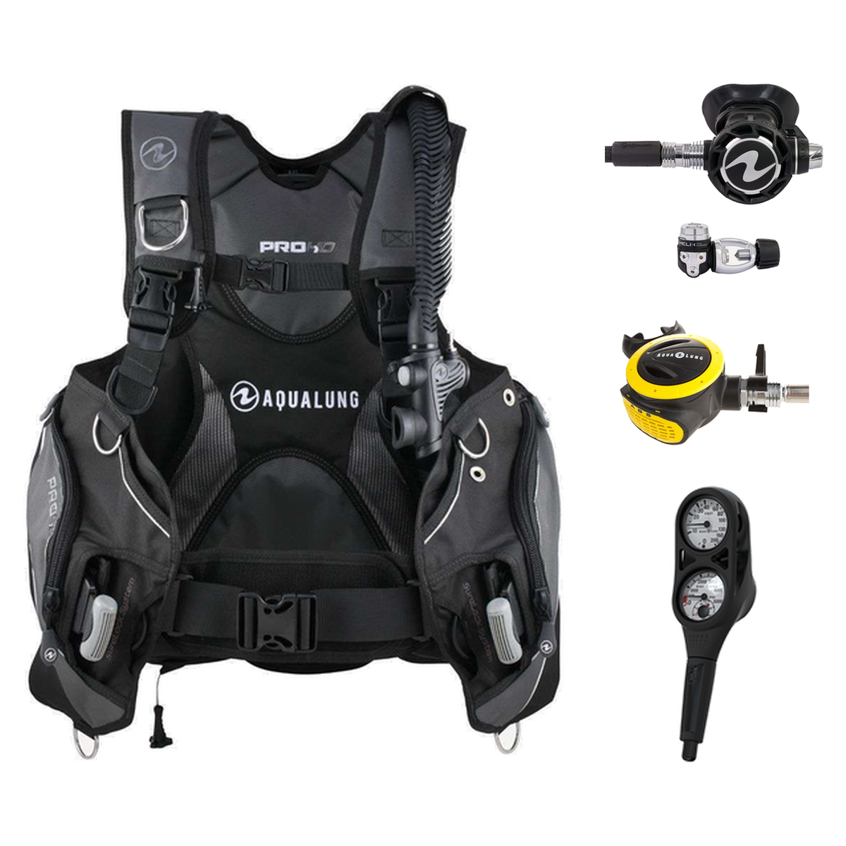 Aqualung Regulator + BCD Scuba Package – Pro HD Mens BCD + LEG3ND Regulator + Octopus + Console — Black/Grey, Aqualung Helix…