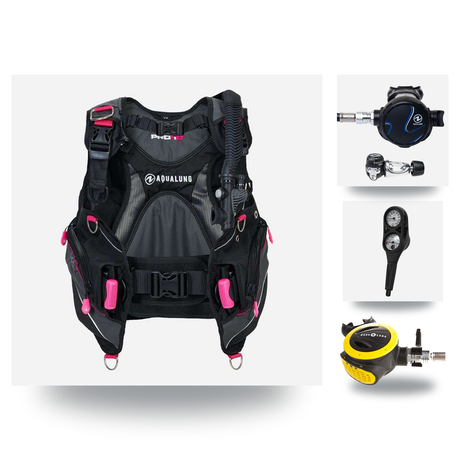 Aqualung Regulator + BCD Scuba Package – Pro HD Womens BCD + LEG3ND Regulator + Octopus + Console — Black/Pink, Aqualung Tit…