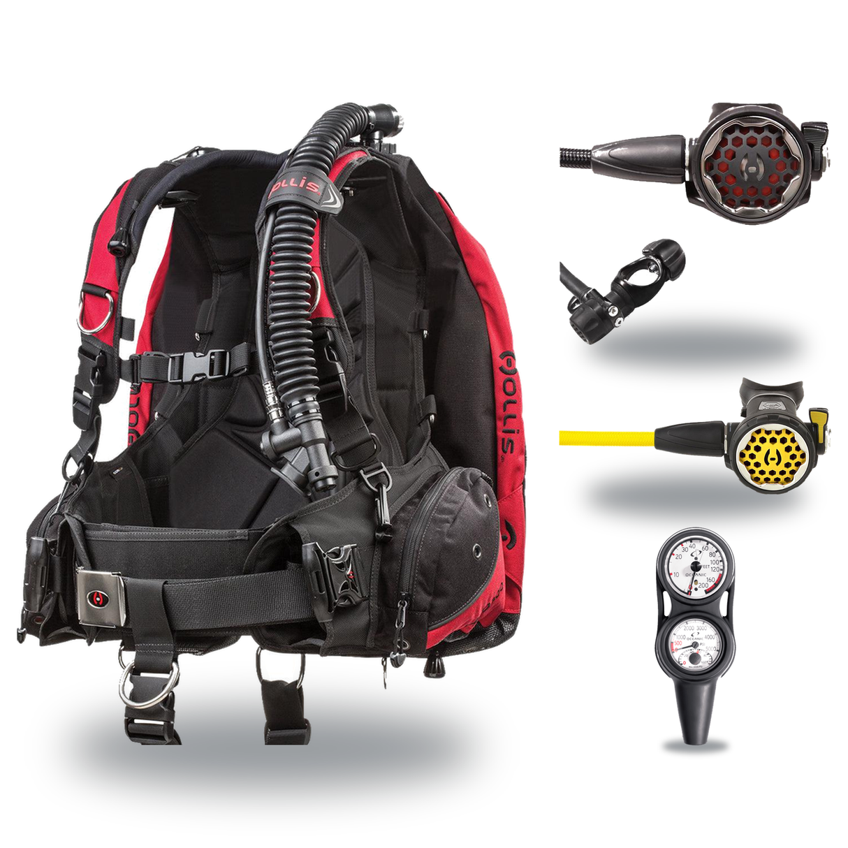 Hollis Regulator + BCD Scuba Package – HD-200 BCD + 150LX DC7 Regulator + 150LX Stainless Steel Octopus + Maxdepth Gauge Con…