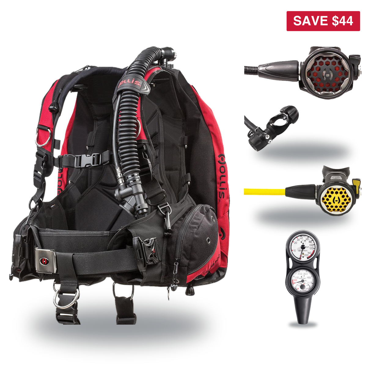 Hollis Regulator + BCD Scuba Package – HD-200 BCD + 150LX DC7 Regulator + 150LX Stainless Steel Octopus + Maxdepth Gauge Con…