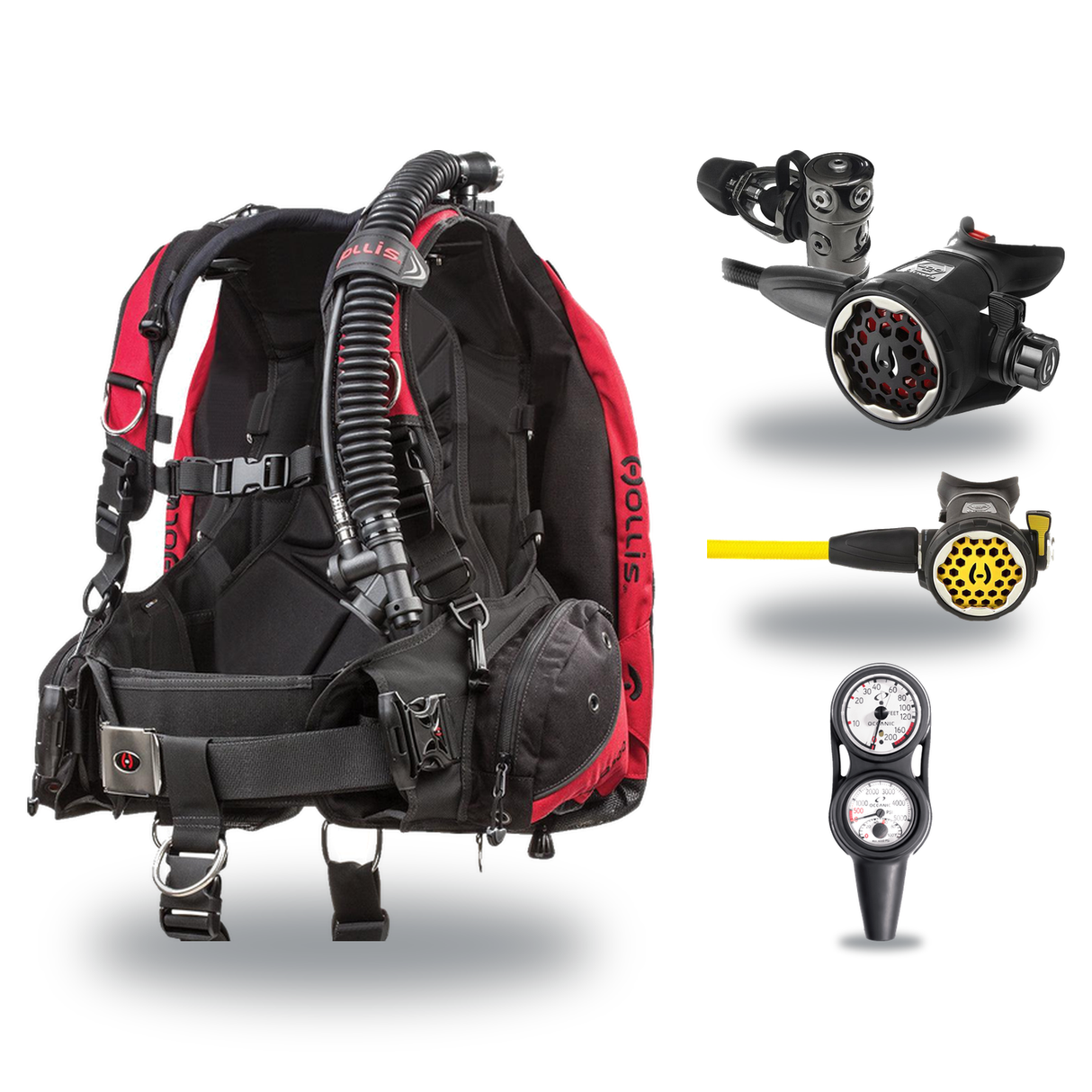 Hollis Regulator + BCD Scuba Package – HD-200 BCD + 150LX DC7 Regulator + 150LX Stainless Steel Octopus + Maxdepth Gauge Con…