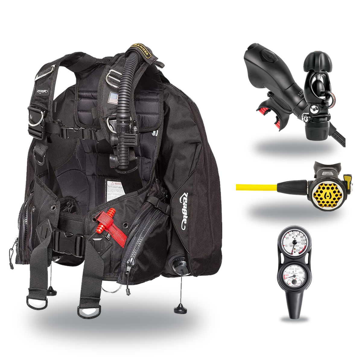 Hollis Regulator + BCD Scuba Package – HD-200 BCD + 150LX DC7 Regulator + 150LX Stainless Steel Octopus + Maxdepth Gauge Con…