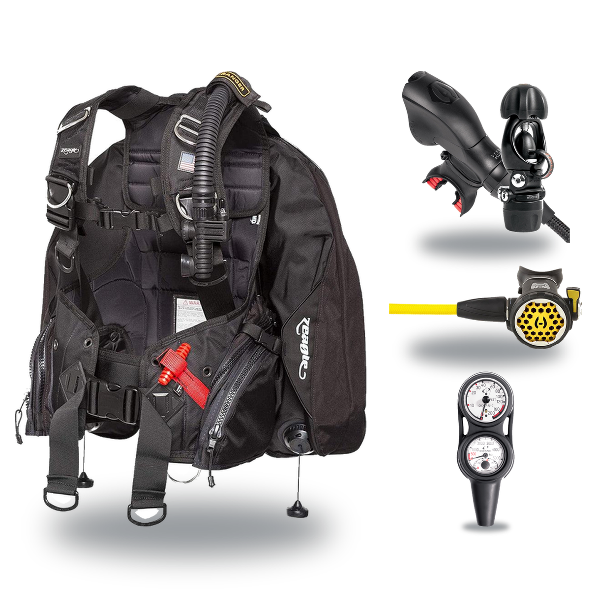 Hollis Regulator + BCD Scuba Package – HD-200 BCD + 150LX DC7 Regulator + 150LX Stainless Steel Octopus + Maxdepth Gauge Con…