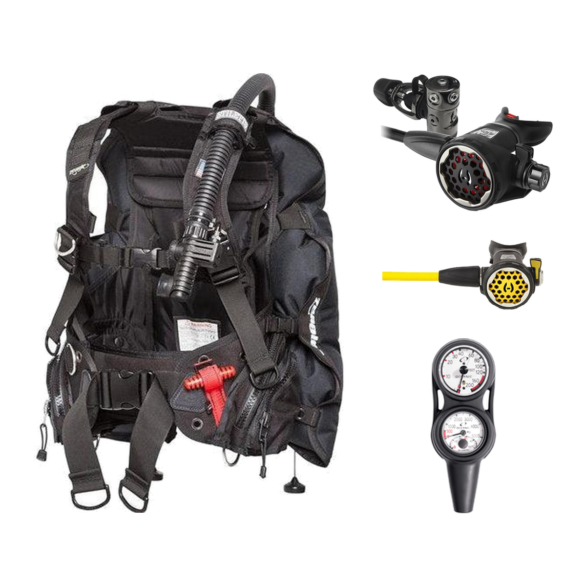 Hollis Regulator + BCD Scuba Package – HD-200 BCD + 150LX DC7 Regulator + 150LX Stainless Steel Octopus + Maxdepth Gauge Con…
