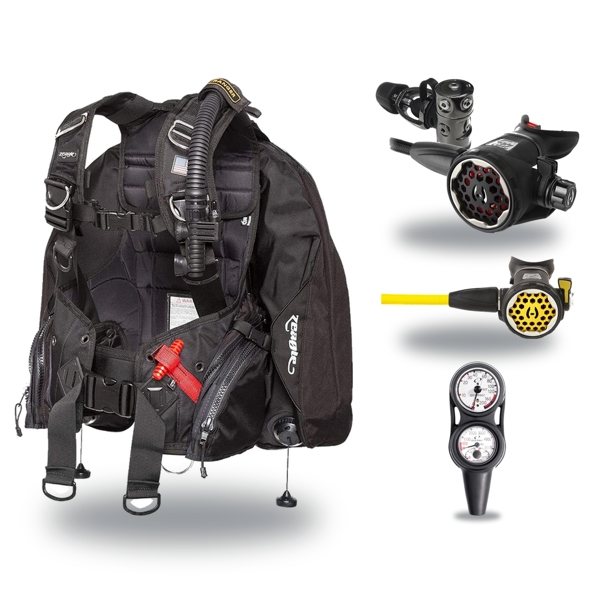 Hollis Regulator + BCD Scuba Package – HD-200 BCD + 150LX DC7 Regulator + 150LX Stainless Steel Octopus + Maxdepth Gauge Con…