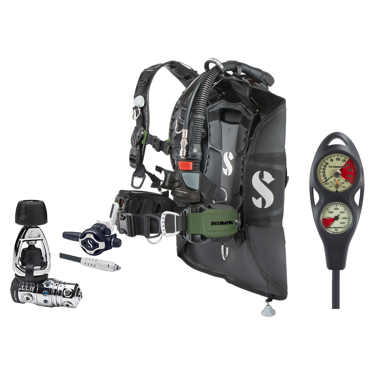 Scubapro Regulator + BCD Scuba Package – Hydros Pro 2 Air2 BCD + MK25 EVO/S620 Ti Regulator + 2-Gauge Console — Army Green