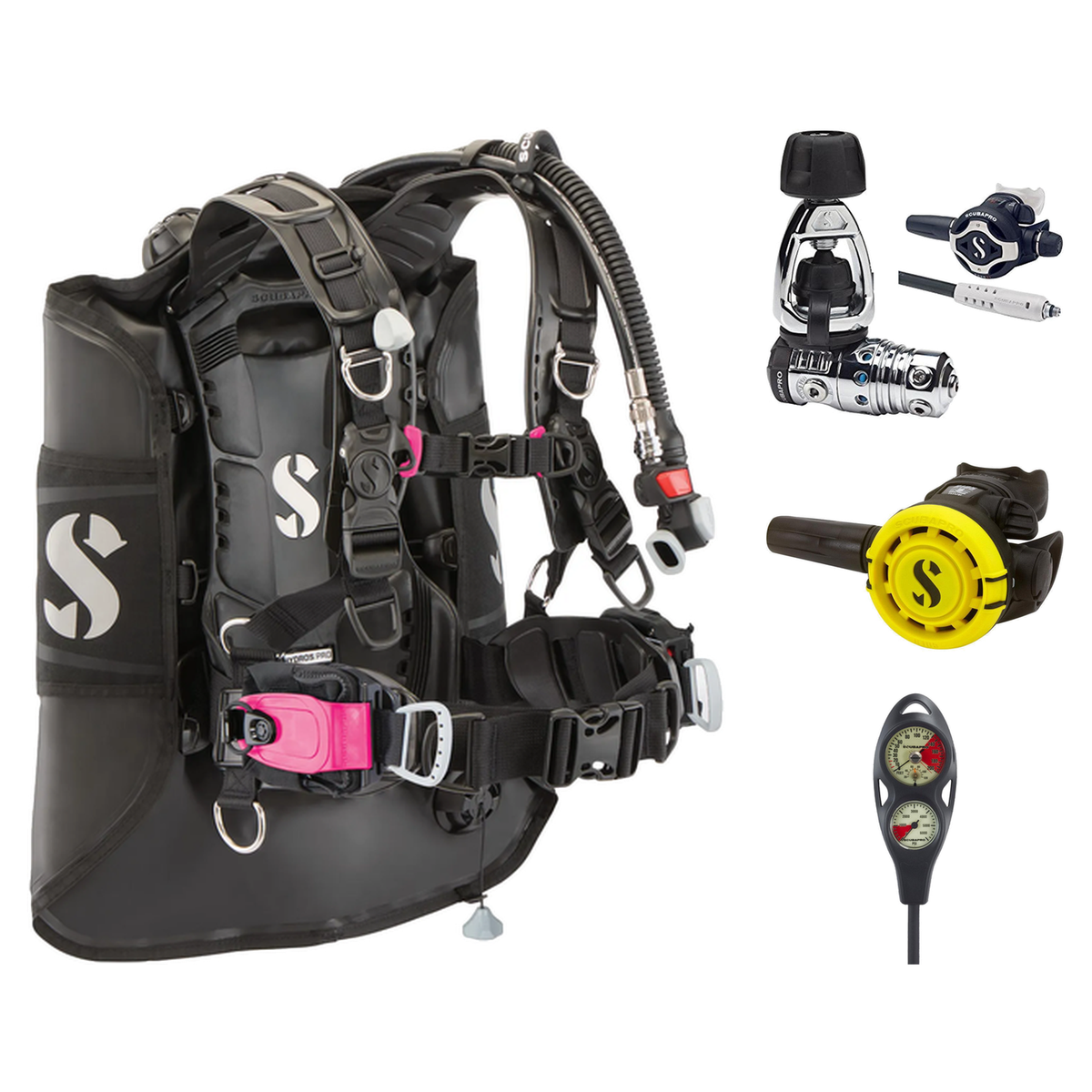 Scubapro Regulator + BCD Scuba Package – Hydros Pro 2 (Mini Monorail) BCD + MK25 EVO/S620 Ti Regulator + R105 Octopus + 2-Ga…