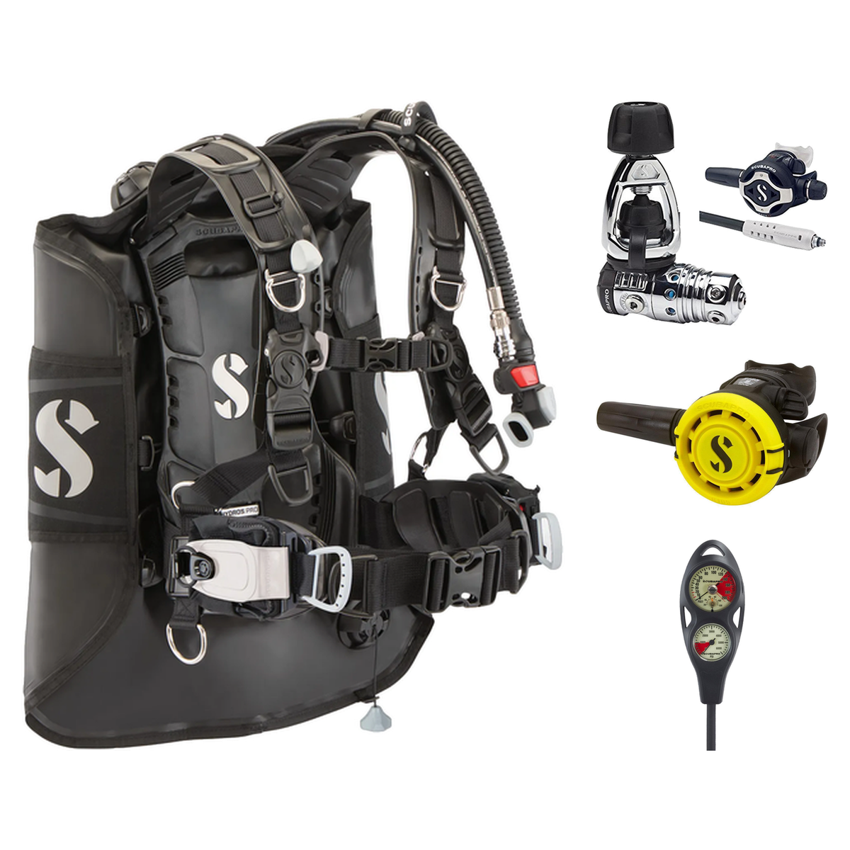 Scubapro Regulator + BCD Scuba Package – Hydros Pro 2 (Mini Monorail) BCD + MK25 EVO/S620 Ti Regulator + R105 Octopus + 2-Ga…