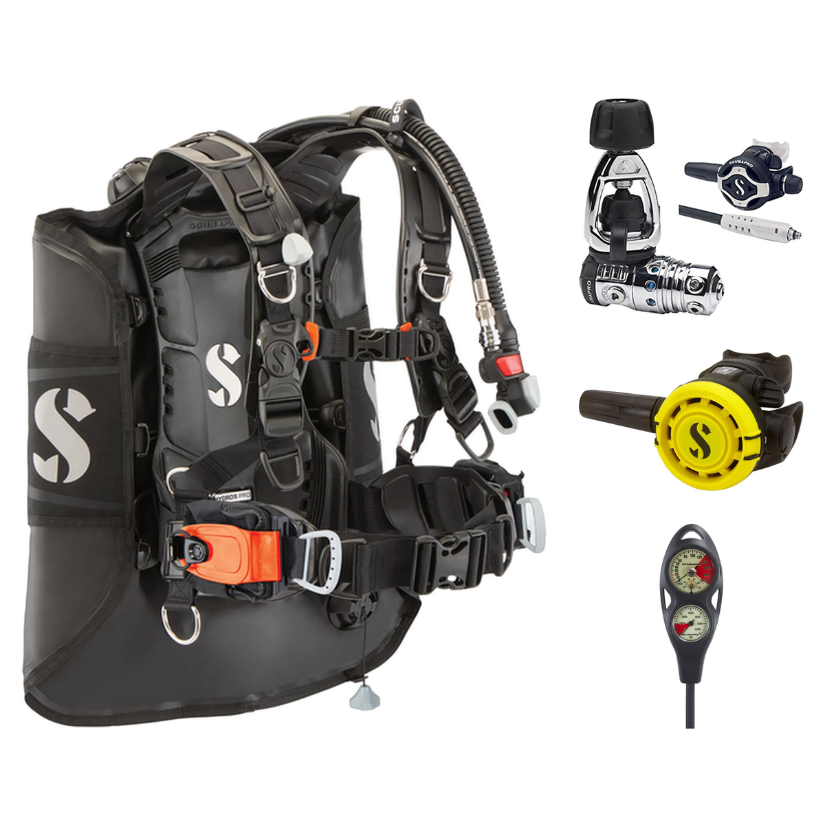 Scubapro Regulator + BCD Scuba Package – Hydros Pro 2 (Mini Monorail) BCD + MK25 EVO/S620 Ti Regulator + R105 Octopus + 2-Ga…