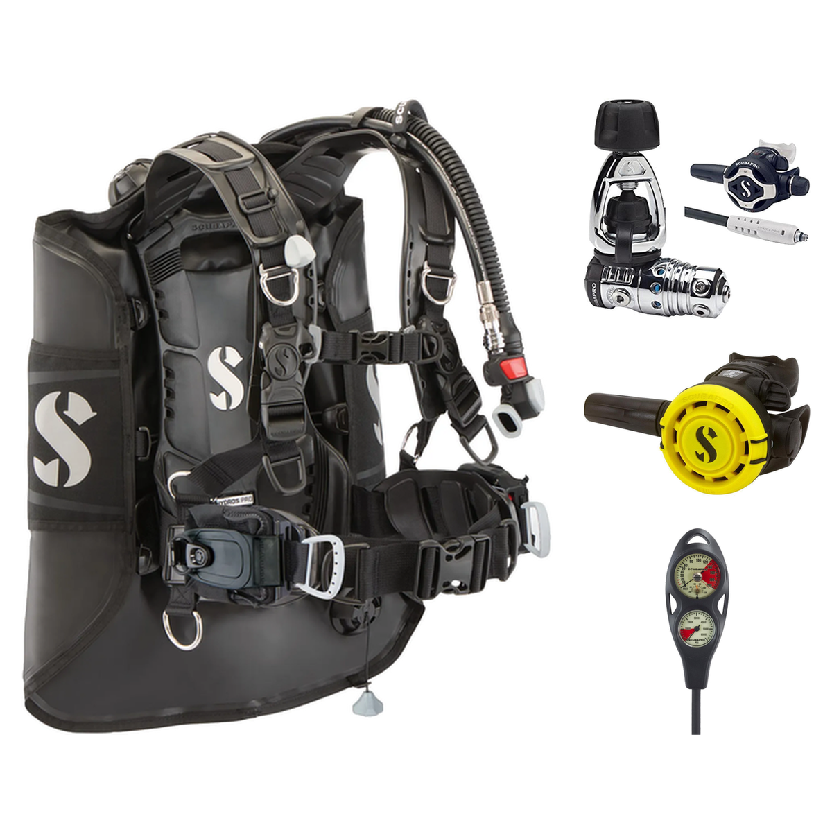 Scubapro Regulator + BCD Scuba Package – Hydros Pro 2 (Mini Monorail) BCD + MK25 EVO/S620 Ti Regulator + R105 Octopus + 2-Ga…
