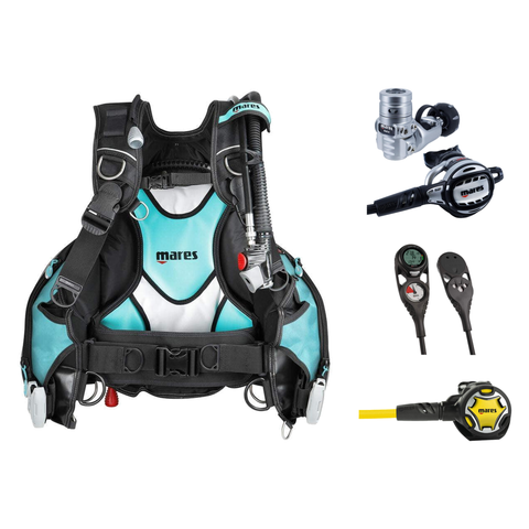 Mares Regulator + BCD Scuba Package – BCD Prestige She Dives Aqua/White + Atlas ADJ 62X TBP Regulator + Dual Octopus + Mission 2 Console