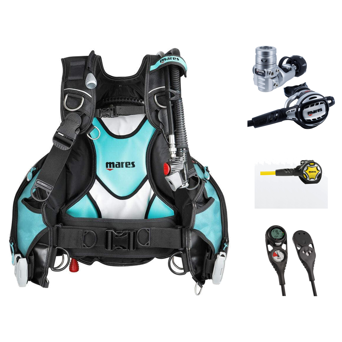 Mares Regulator + BCD Scuba Package – BCD Prestige She Dives Aqua/White + Atlas ADJ 62X TBP Regulator + Dual Octopus + Missi…