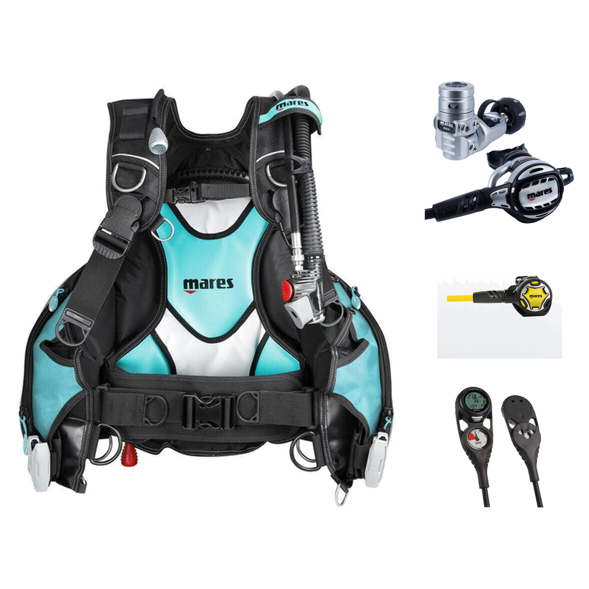 Mares Regulator + BCD Scuba Package – BCD Prestige She Dives Aqua/White + Atlas ADJ 62X TBP Regulator + Dual Octopus + Missi…