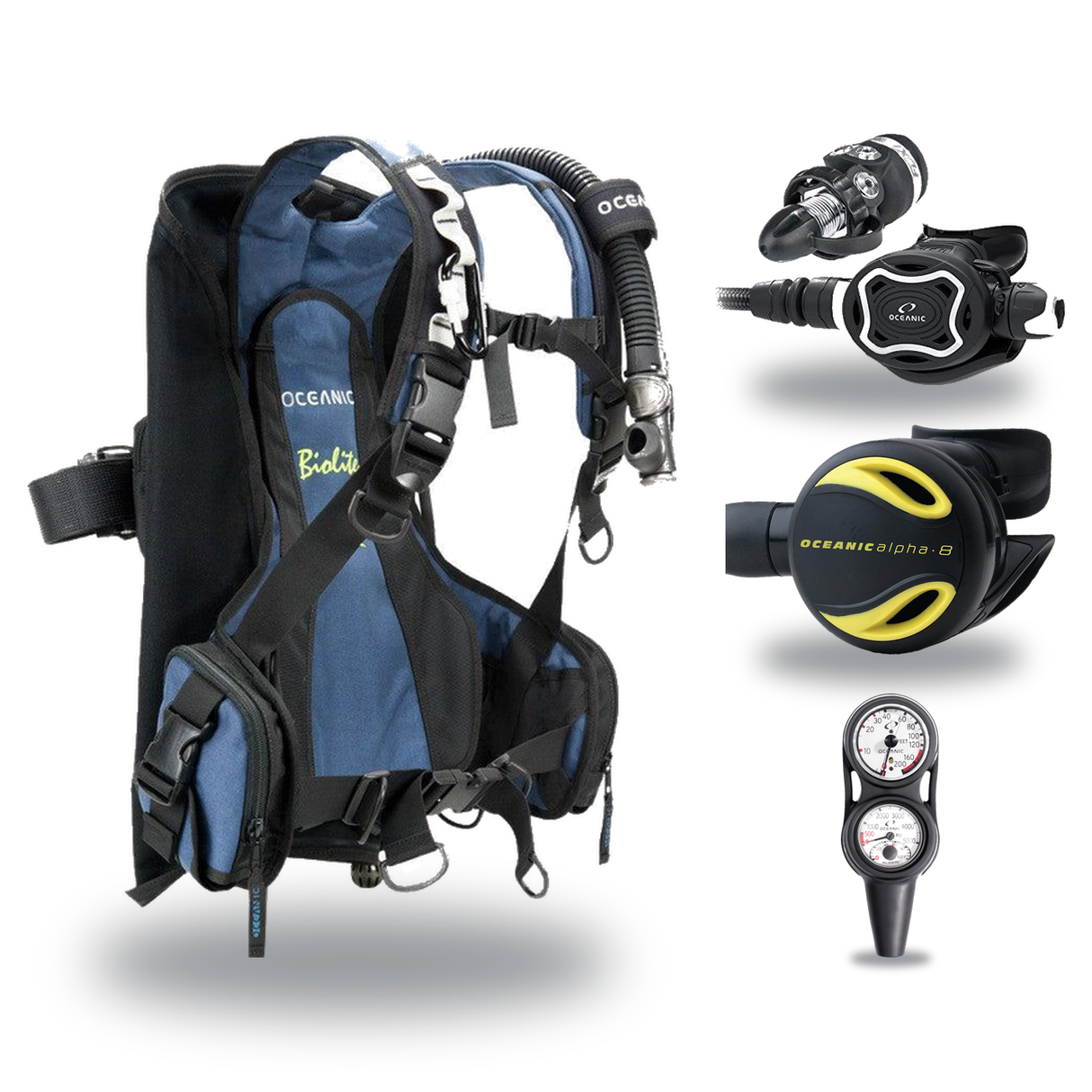 Oceanic Regulator + BCD Scuba Package – Atmos BCD + Delta 5 + EDX Regulator + Alpha 8 Octopus + Maxdepth Gauge Console — Oce…
