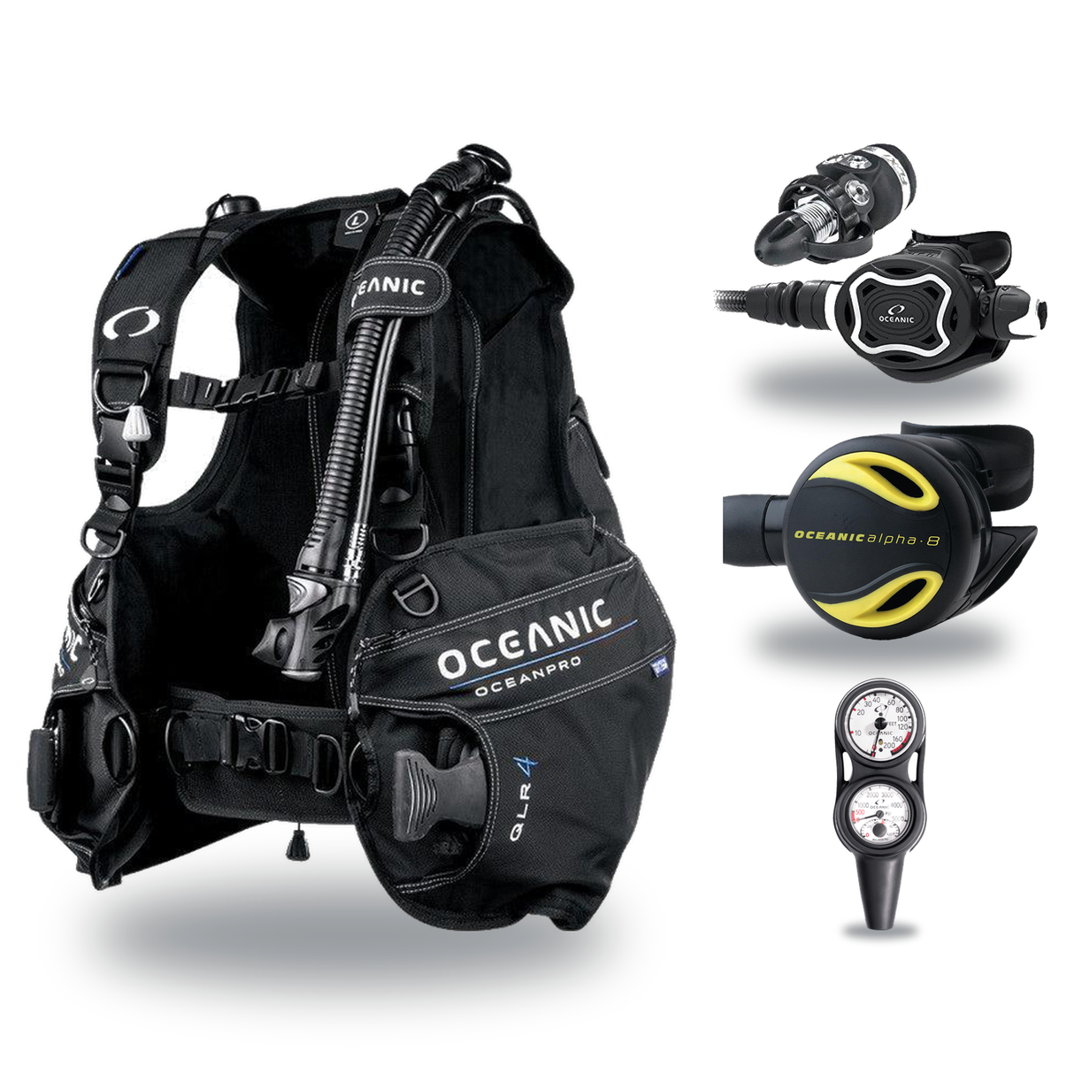 Oceanic Regulator + BCD Scuba Package – Atmos BCD + Delta 5 + EDX Regulator + Alpha 8 Octopus + Maxdepth Gauge Console — Oce…