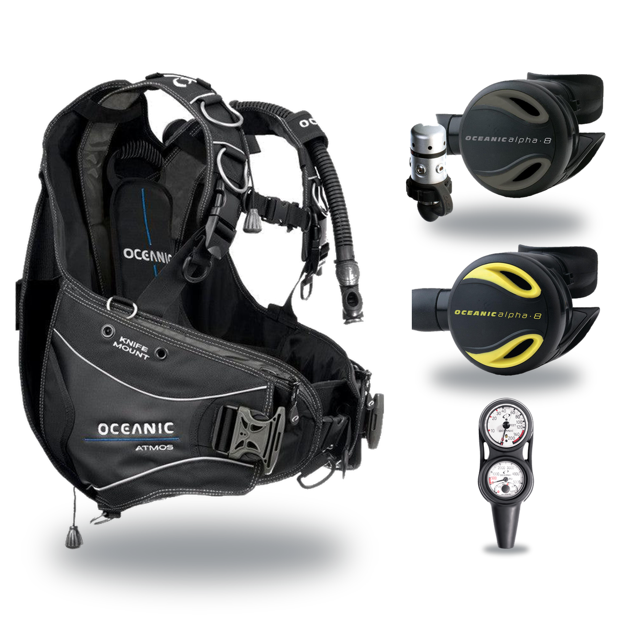 Oceanic Regulator + BCD Scuba Package – Atmos BCD + Delta 5 + EDX Regulator + Alpha 8 Octopus + Maxdepth Gauge Console — Oce…