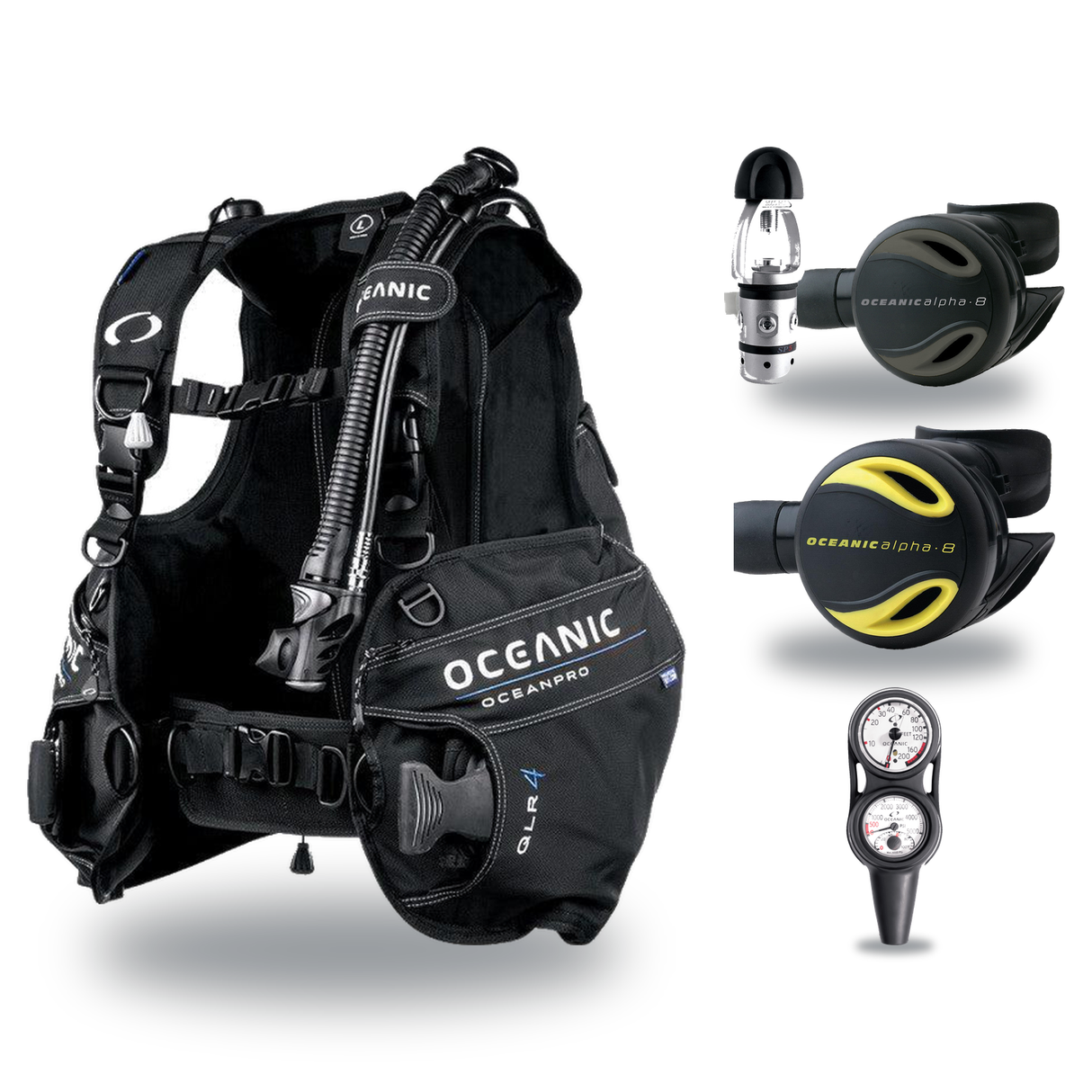 Oceanic Regulator + BCD Scuba Package – Atmos BCD + Delta 5 + EDX Regulator + Alpha 8 Octopus + Maxdepth Gauge Console — Oce…