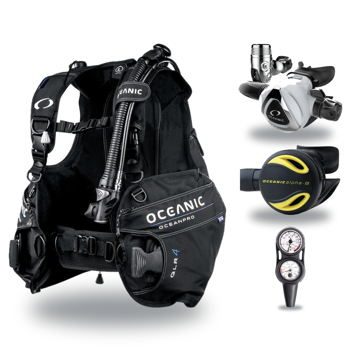 Oceanic Regulator + BCD Scuba Package – Atmos BCD + Delta 5 + EDX Regulator + Alpha 8 Octopus + Maxdepth Gauge Console — Oce…