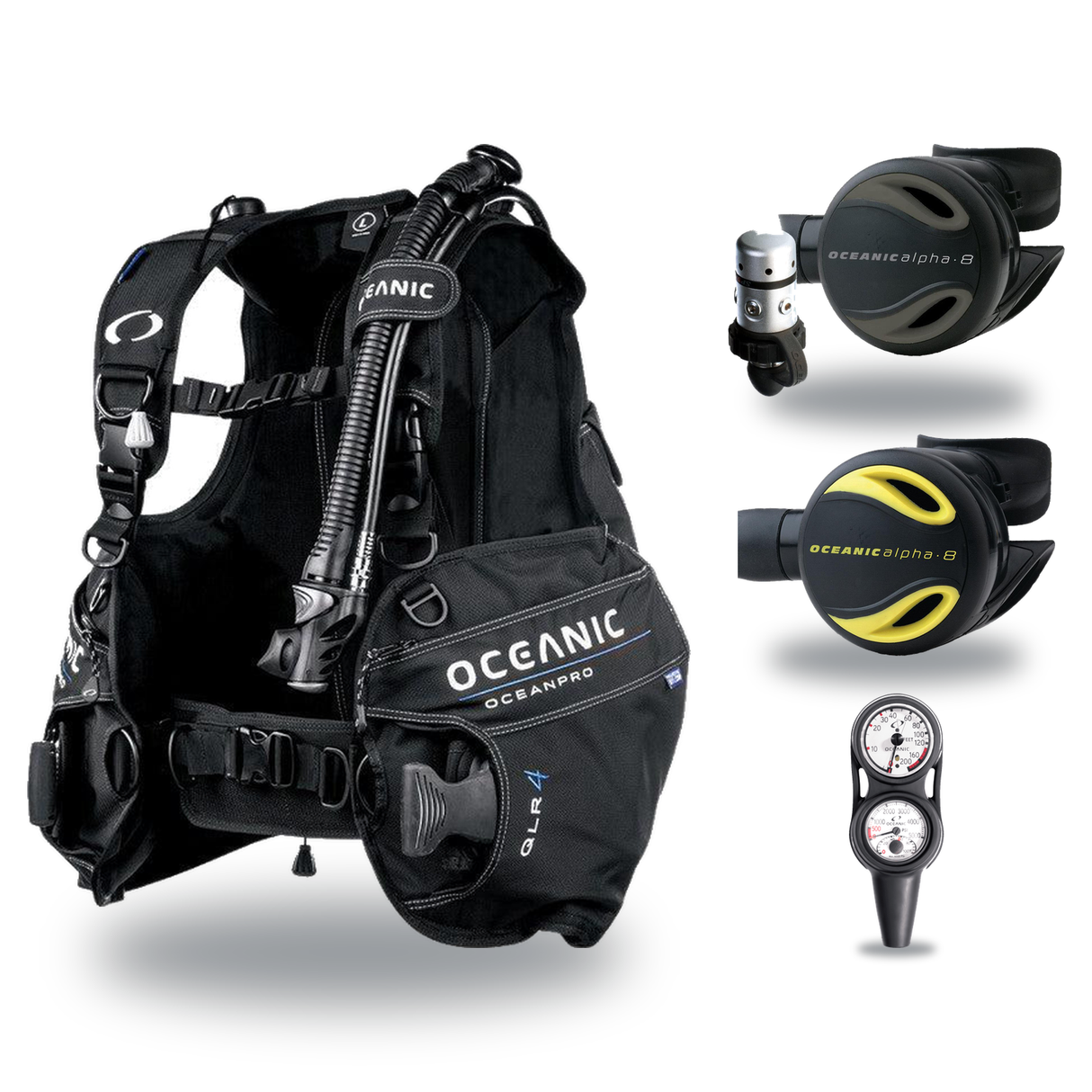 Oceanic Regulator + BCD Scuba Package – Atmos BCD + Delta 5 + EDX Regulator + Alpha 8 Octopus + Maxdepth Gauge Console — Oce…
