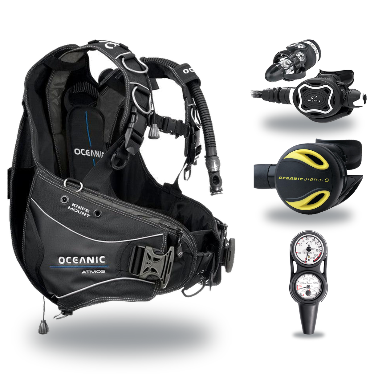 Oceanic Regulator + BCD Scuba Package – Atmos BCD + ZEO FDX-I Regulator + Alpha 8 Octopus + Maxdepth Gauge Console — include…
