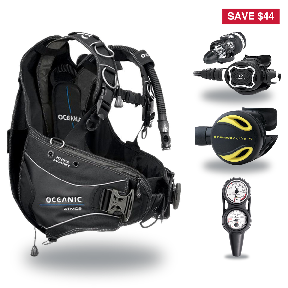 Oceanic Regulator + BCD Scuba Package – Atmos BCD + ZEO FDX-I Regulator + Alpha 8 Octopus + Maxdepth Gauge Console — include…