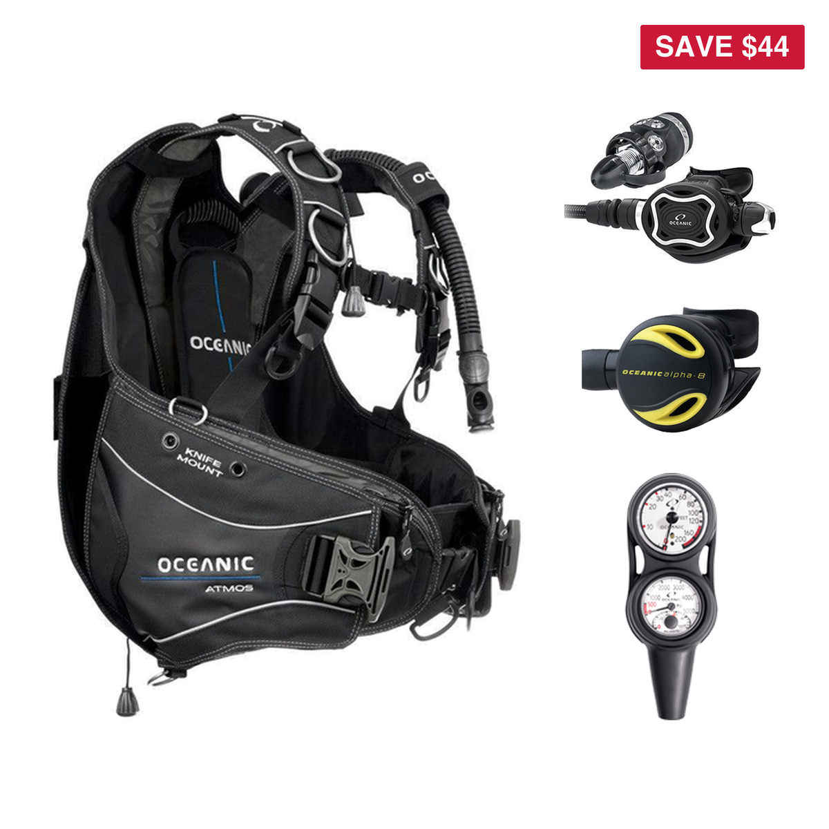 Oceanic Regulator + BCD Scuba Package – Atmos BCD + ZEO FDX-I Regulator + Alpha 8 Octopus + Maxdepth Gauge Console — include…