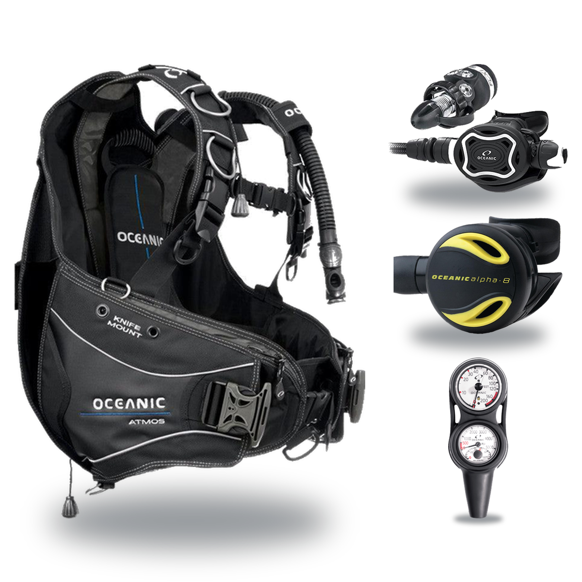 Oceanic Regulator + BCD Scuba Package – Atmos BCD + ZEO FDX-I Regulator + Alpha 8 Octopus + Maxdepth Gauge Console — Oceanic…