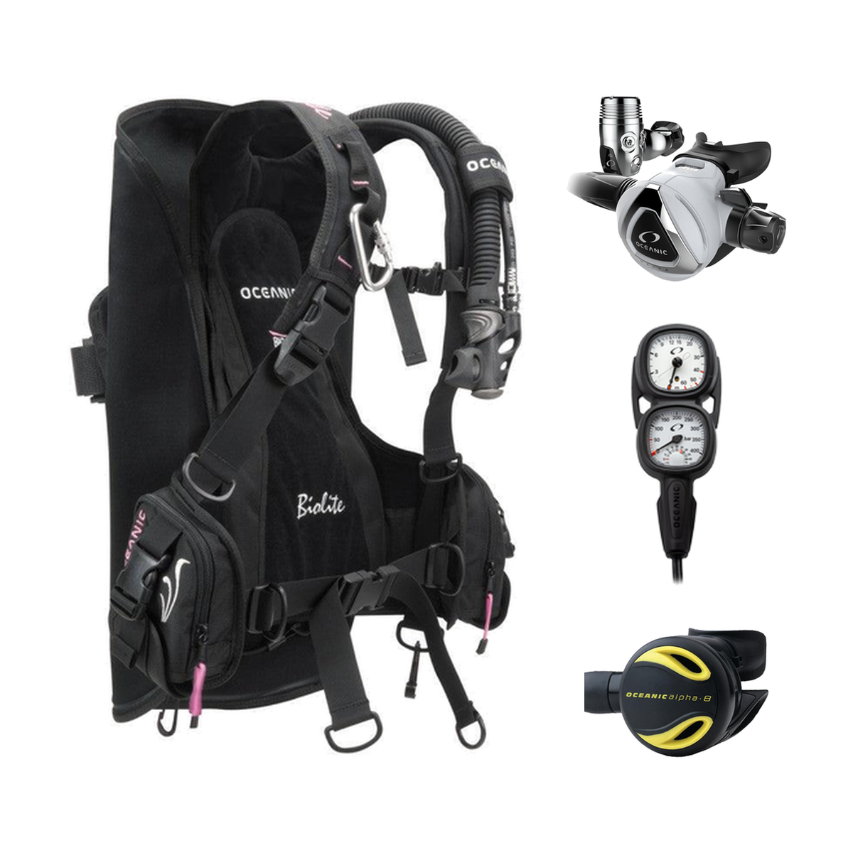 Oceanic Regulator + BCD Scuba Package – Biolite Women Travel Back Inflate BCD + Delta 5 EDX Regulator + Alpha 8 Octopus + Ma…