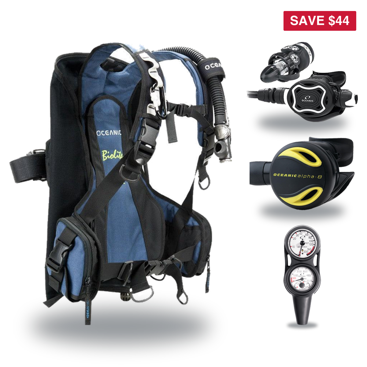 Oceanic Regulator + BCD Scuba Package – Biolite Mens BCD + ZEO FDX-I Regulator + Alpha 8 Octopus + Maxdepth Gauge Console —…