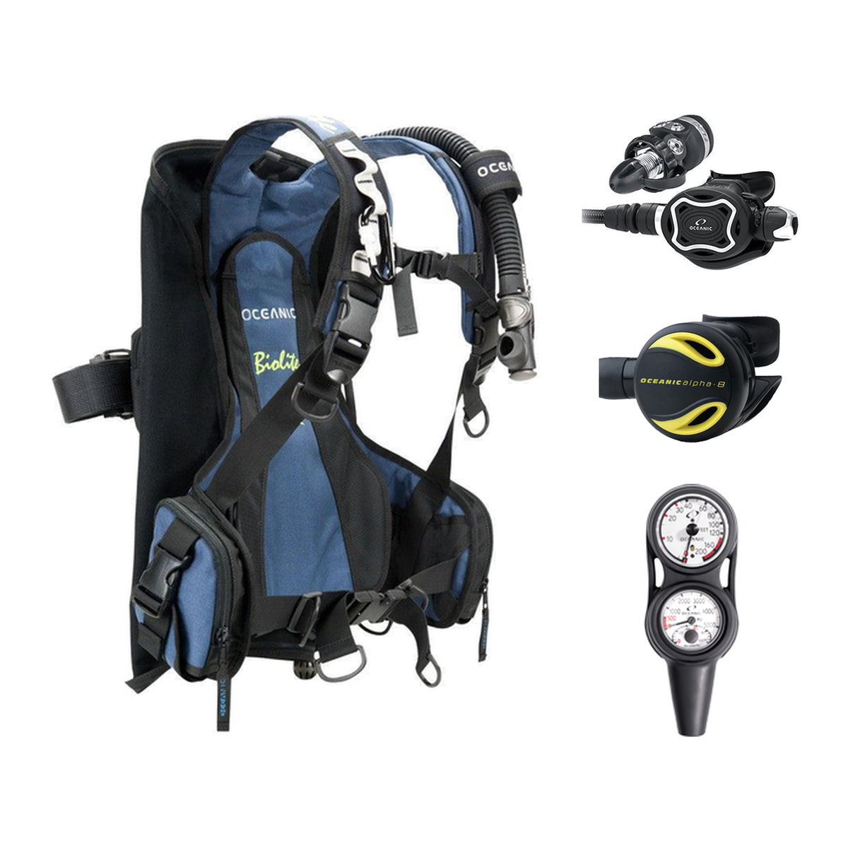Oceanic Regulator + BCD Scuba Package – Biolite Mens BCD + ZEO FDX-I Regulator + Alpha 8 Octopus + Maxdepth Gauge Console —…