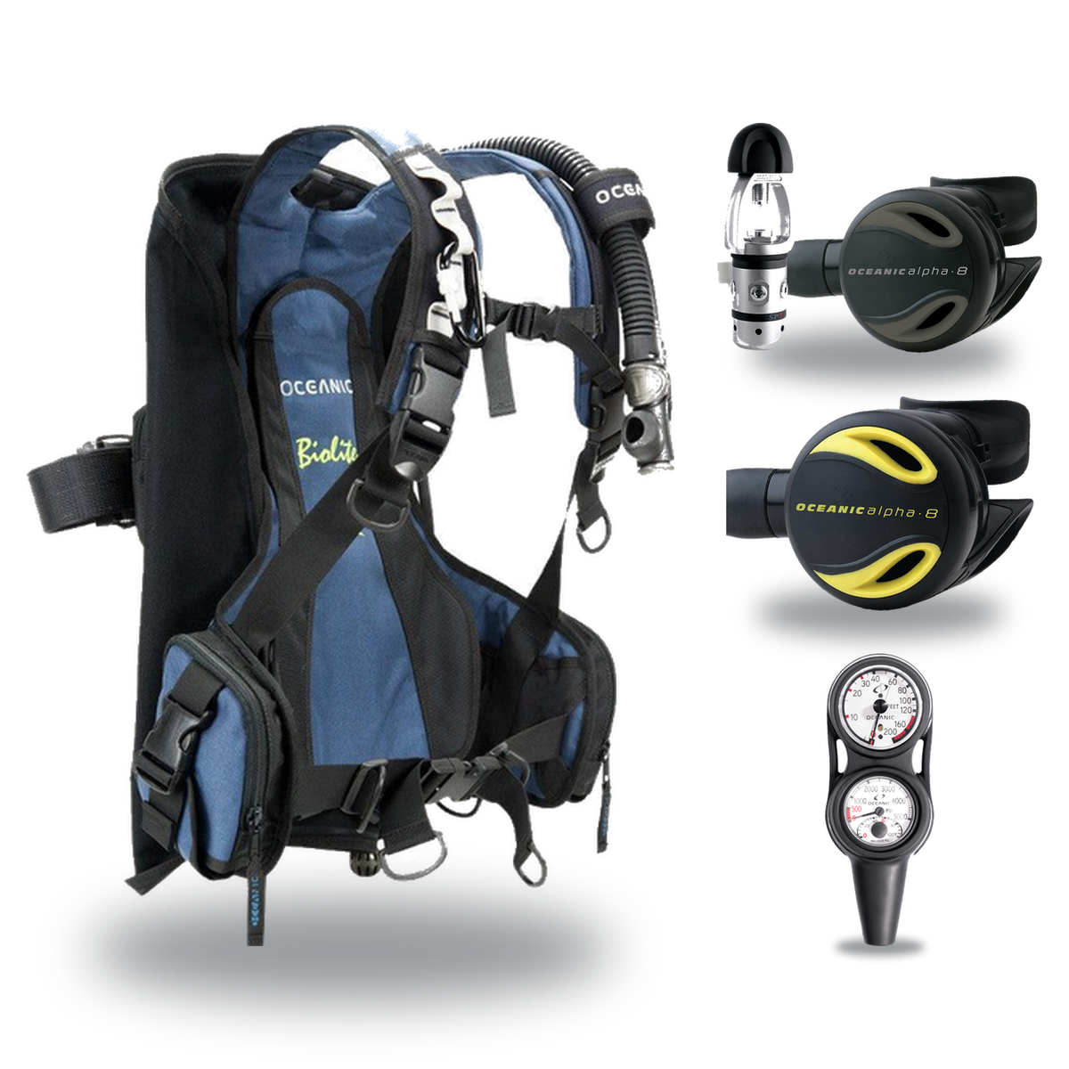 Oceanic Regulator + BCD Scuba Package – Biolite Mens BCD + ZEO FDX-I Regulator + Alpha 8 Octopus + Maxdepth Gauge Console —…