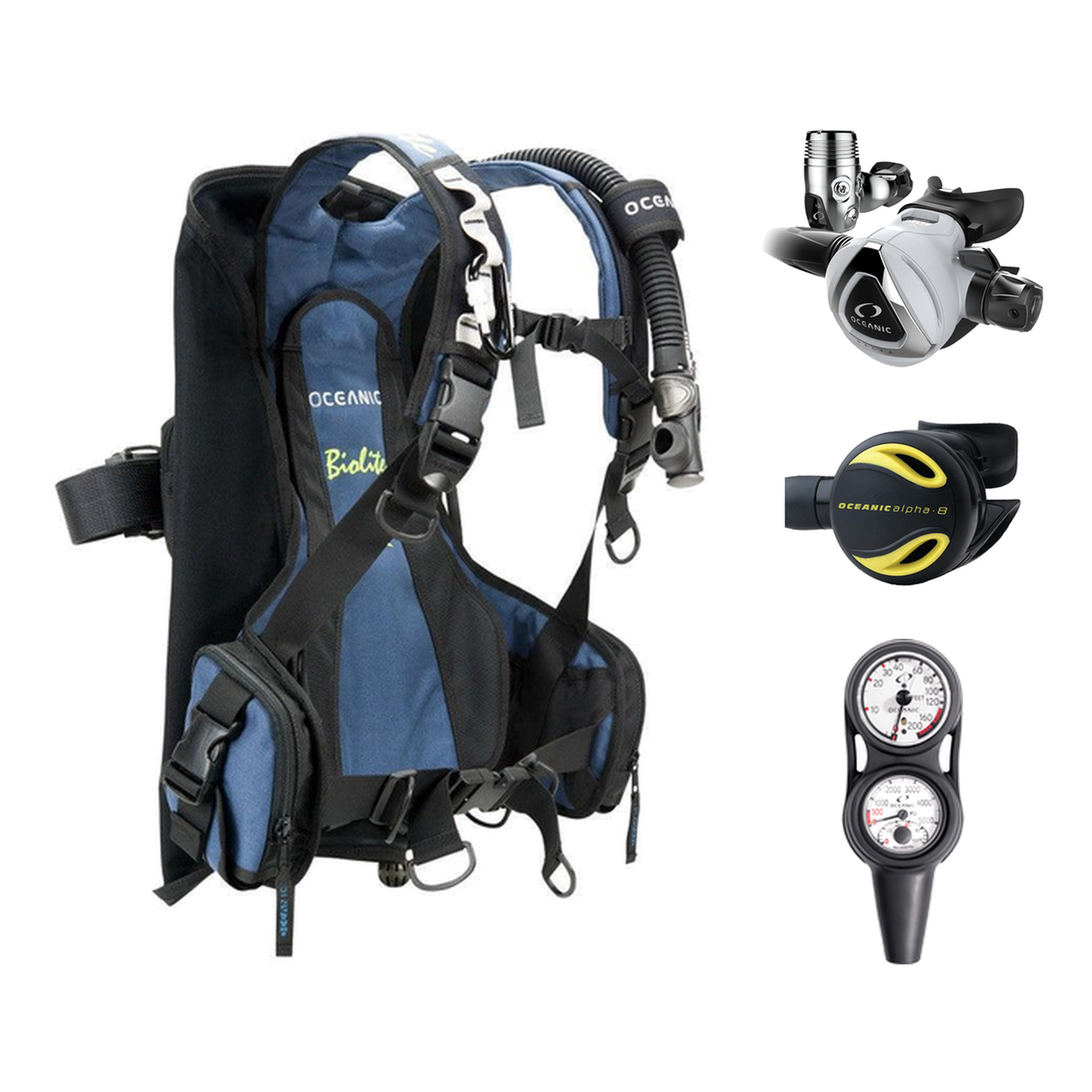 Oceanic Regulator + BCD Scuba Package – Biolite Mens BCD + ZEO FDX-I Regulator + Alpha 8 Octopus + Maxdepth Gauge Console —…