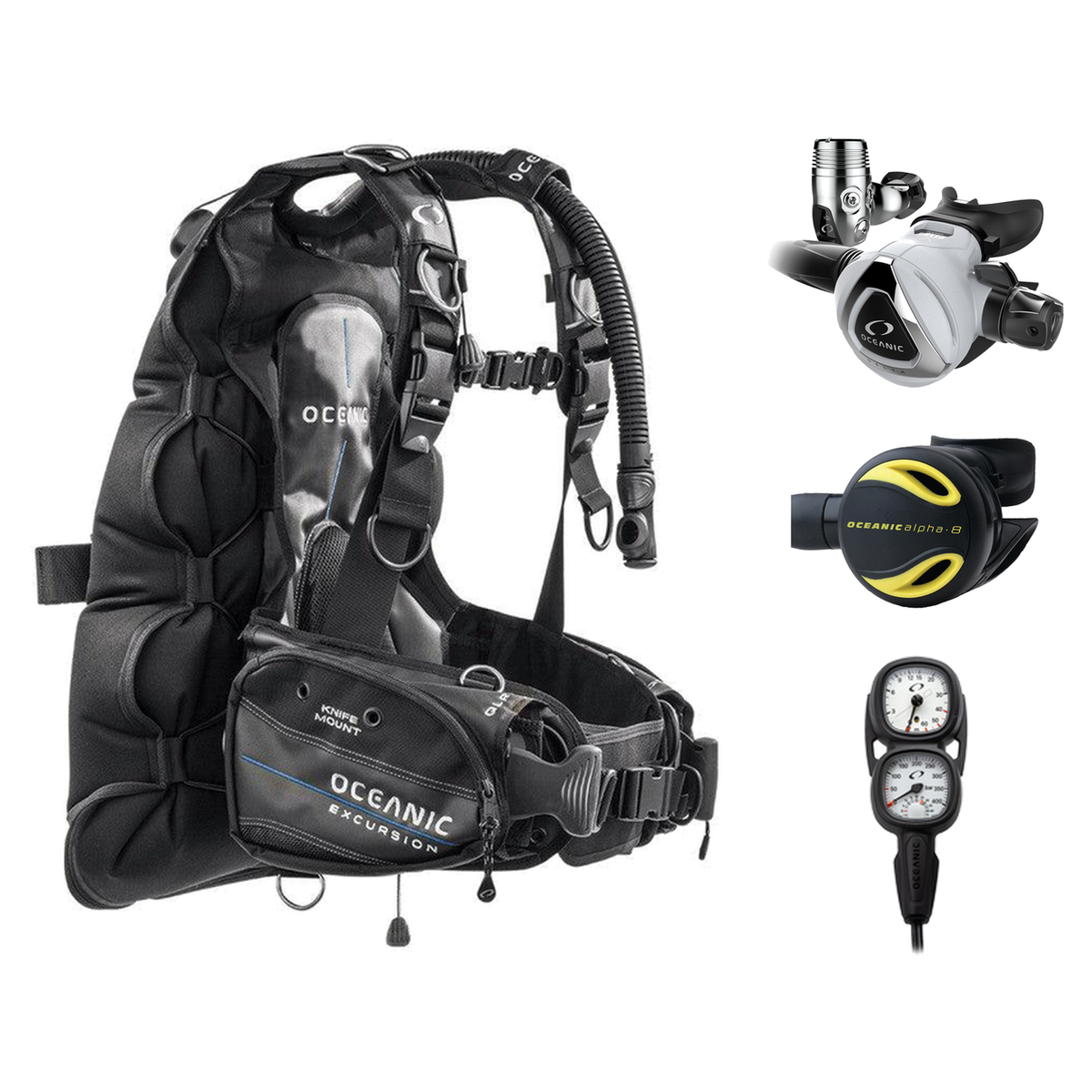 Oceanic Regulator + BCD Scuba Package – Excursion Back Inflate BCD + Delta 5 EDX Regulator + Alpha 8 Octopus + Maxview Conso…
