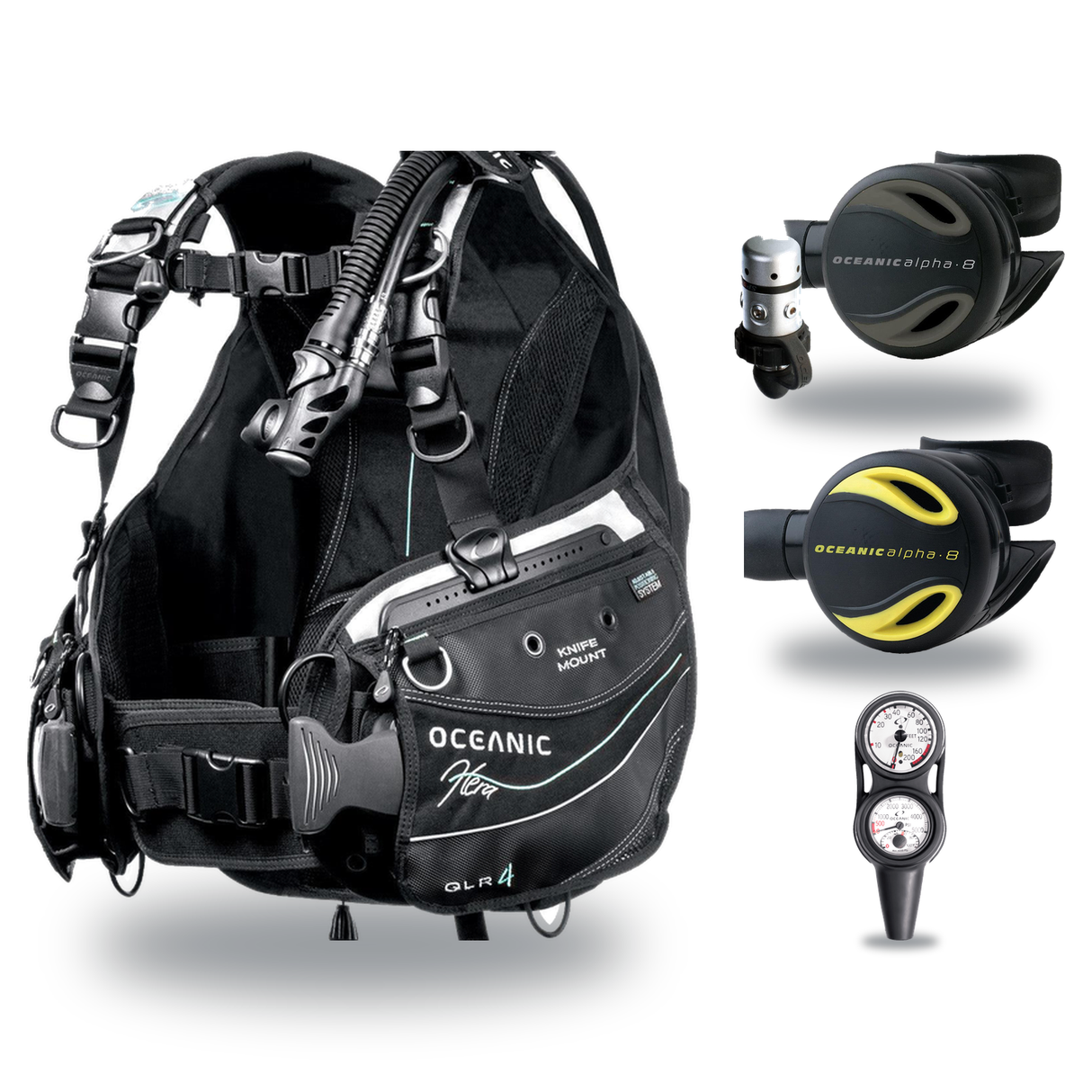 Oceanic Regulator + BCD Scuba Package – Hera BCD + Delta 5 + EDX Regulator + Alpha 8 Octopus + Maxdepth Gauge Console — Ocea…