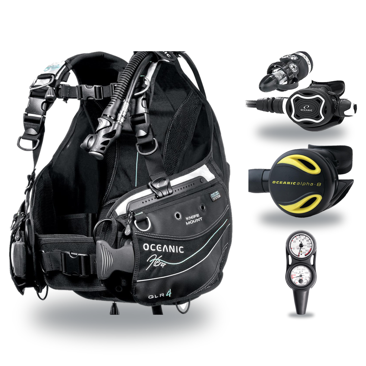 Oceanic Regulator + BCD Scuba Package – Hera BCD + Delta 5 + EDX Regulator + Alpha 8 Octopus + Maxdepth Gauge Console — Ocea…