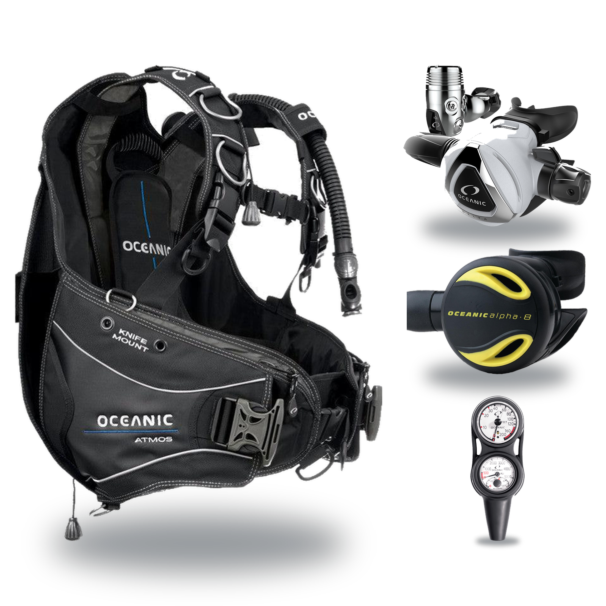 Oceanic Regulator + BCD Scuba Package – Hera BCD + Delta 5 + EDX Regulator + Alpha 8 Octopus + Maxdepth Gauge Console — Ocea…