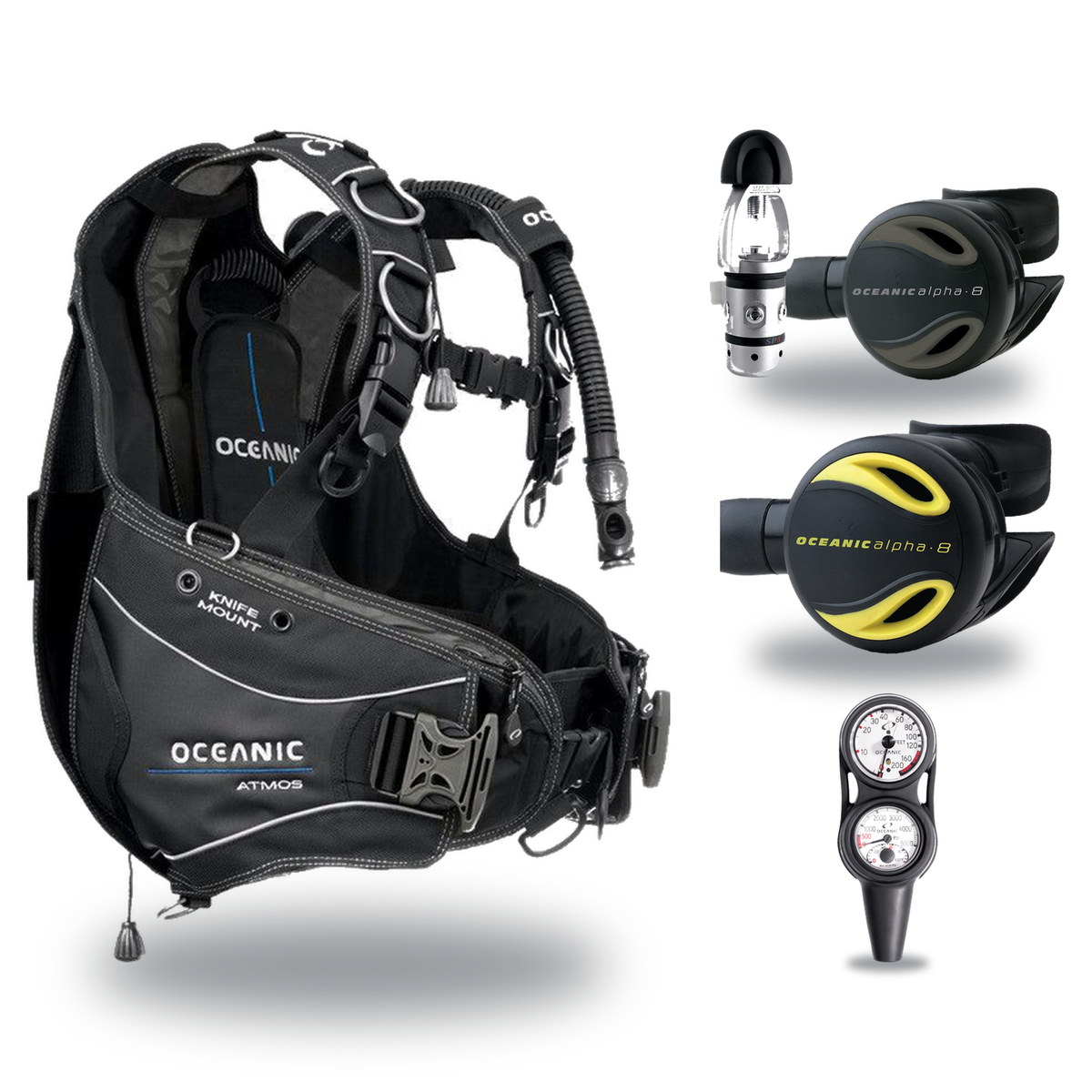 Oceanic Regulator + BCD Scuba Package – Hera BCD + Delta 5 + EDX Regulator + Alpha 8 Octopus + Maxdepth Gauge Console — Ocea…