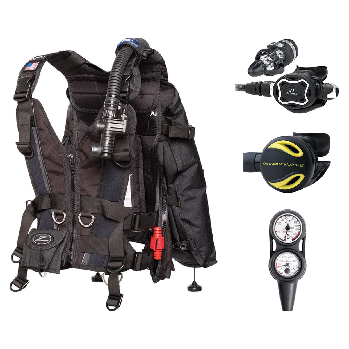 Oceanic Regulator + BCD Scuba Package – Hera BCD + Delta 5 + EDX Regulator + Alpha 8 Octopus + Maxdepth Gauge Console — Zeag…