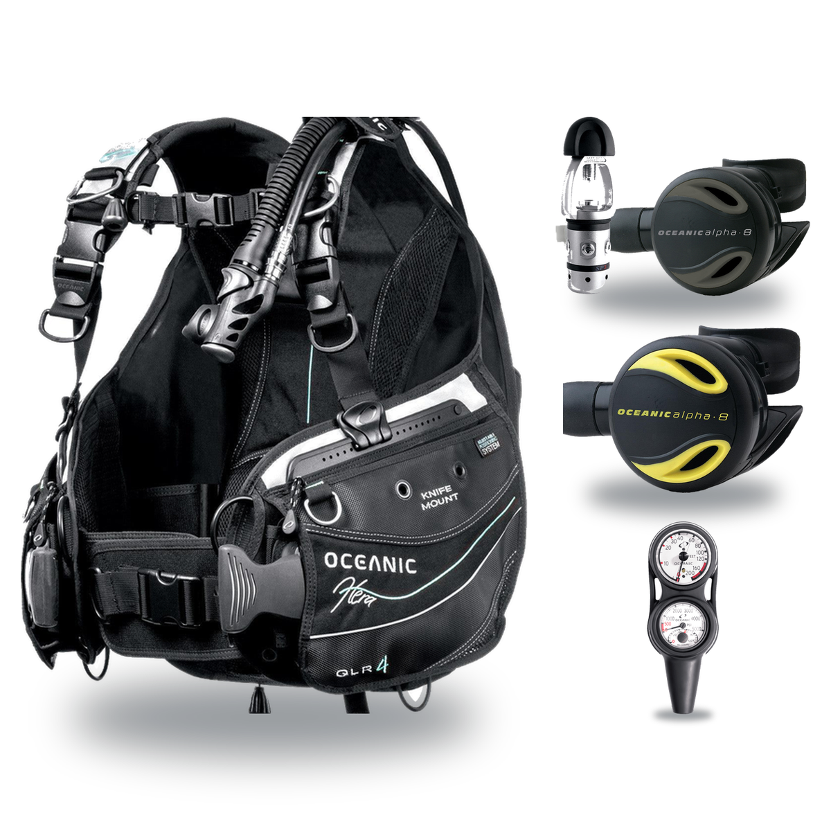 Oceanic Regulator + BCD Scuba Package – Hera BCD + Delta 5 + EDX Regulator + Alpha 8 Octopus + Maxdepth Gauge Console — Ocea…