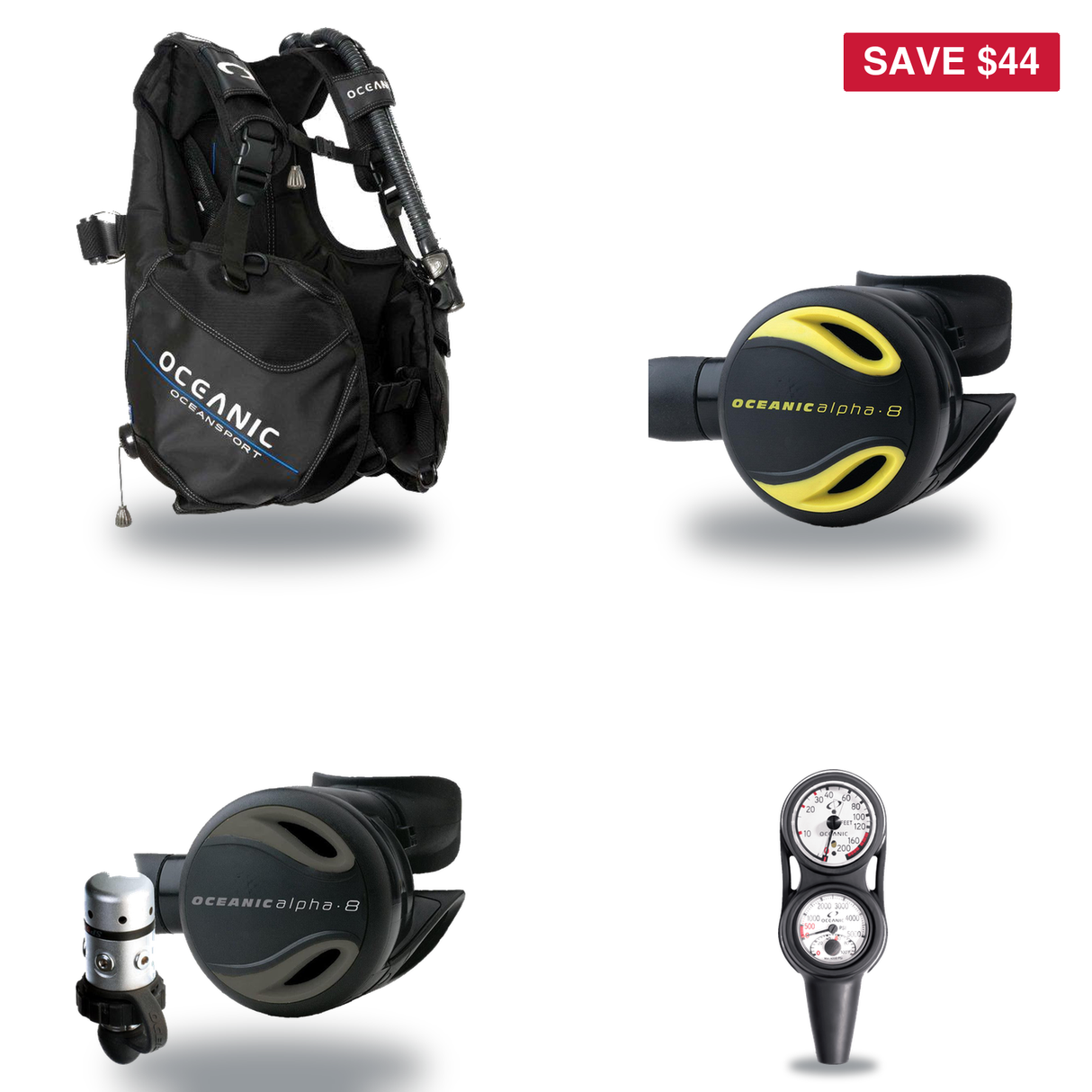 Oceanic Regulator + BCD Scuba Package – Oceansport BCD + Alpha 8 + SP5 Regulator + Alpha 8 Octopus + Maxdepth Gauge Console…