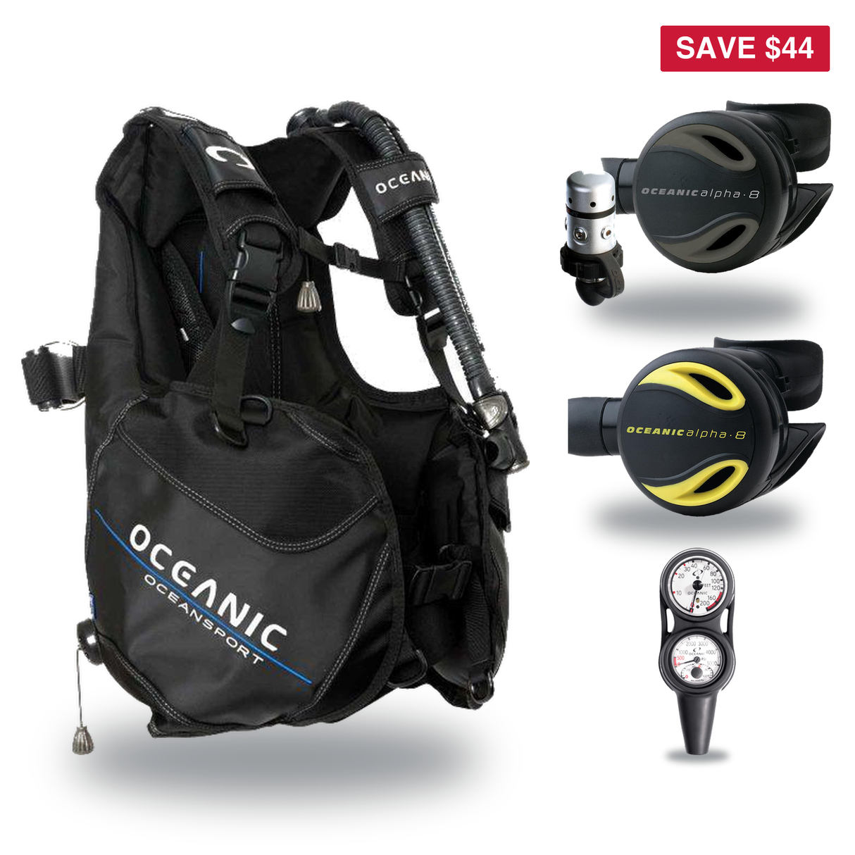 Oceanic Regulator + BCD Scuba Package – Oceansport BCD + Alpha 8 + SP5 Regulator + Alpha 8 Octopus + Maxdepth Gauge Console…