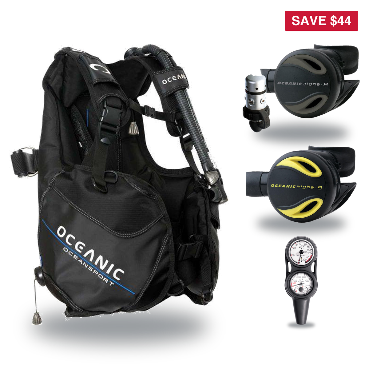 Oceanic Regulator + BCD Scuba Package – Oceansport BCD + Alpha 8 + SP5 Regulator + Alpha 8 Octopus + Maxdepth Gauge Console…