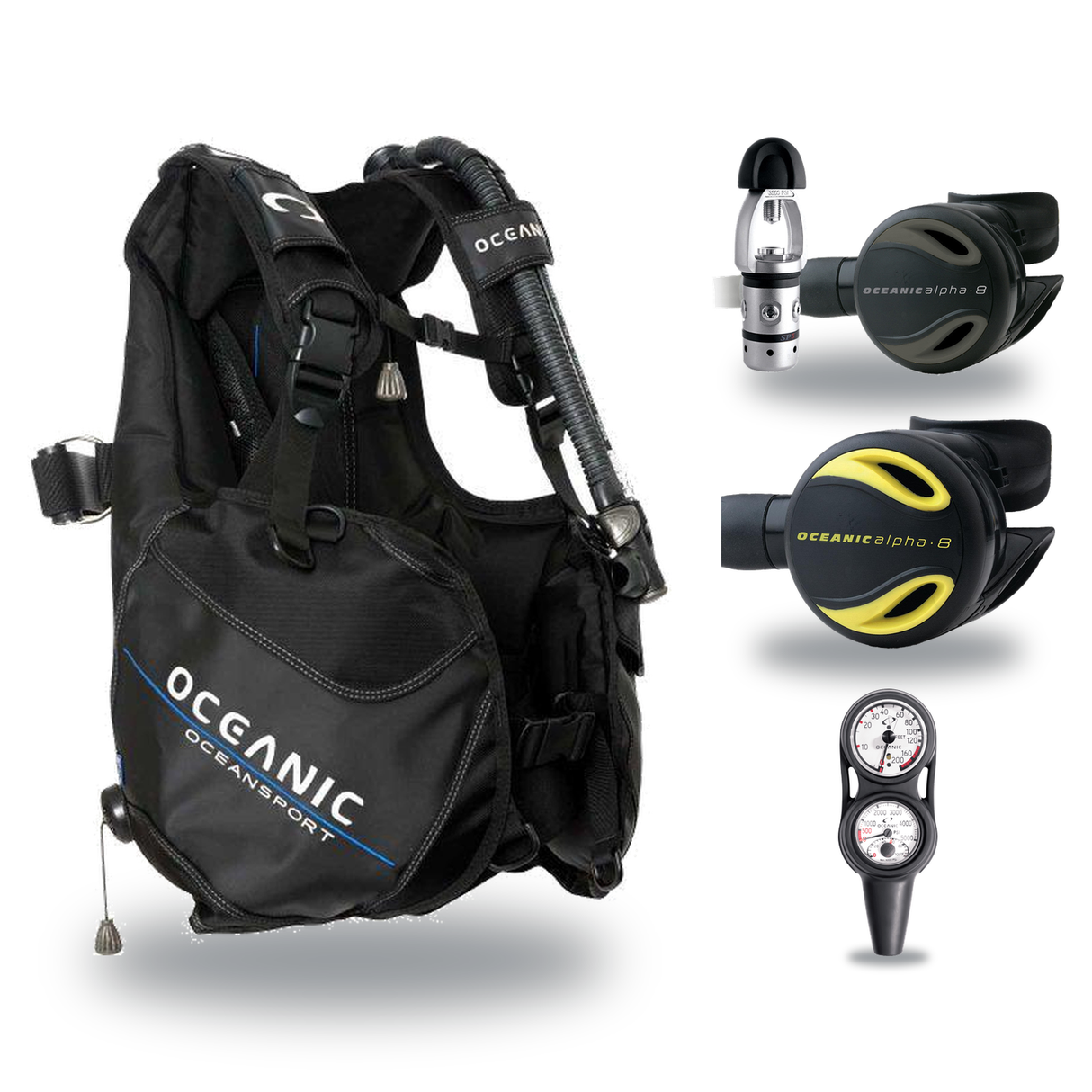 Oceanic Regulator + BCD Scuba Package – Oceansport BCD + Alpha 8 + SP5 Regulator + Alpha 8 Octopus + Maxdepth Gauge Console…