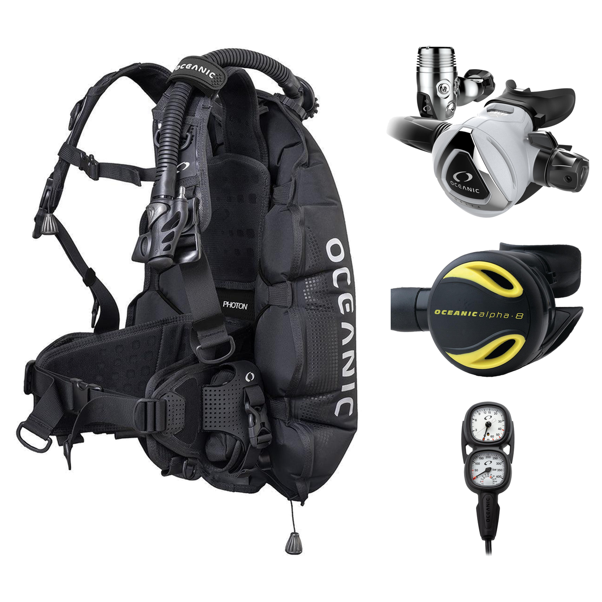 Oceanic Regulator + BCD Scuba Package – Photon Air Men's BCD w/ Color Kit + Delta 5 EDX Regulator + Alpha 8 Octopus + Maxvie…