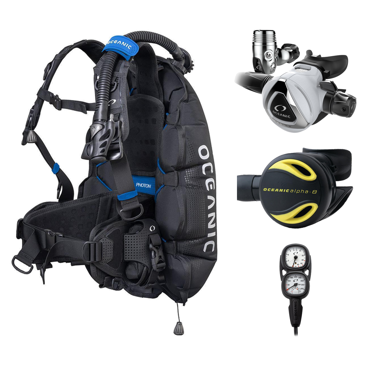 Oceanic Regulator + BCD Scuba Package – Photon Air Men's BCD w/ Color Kit + Delta 5 EDX Regulator + Alpha 8 Octopus + Maxvie…